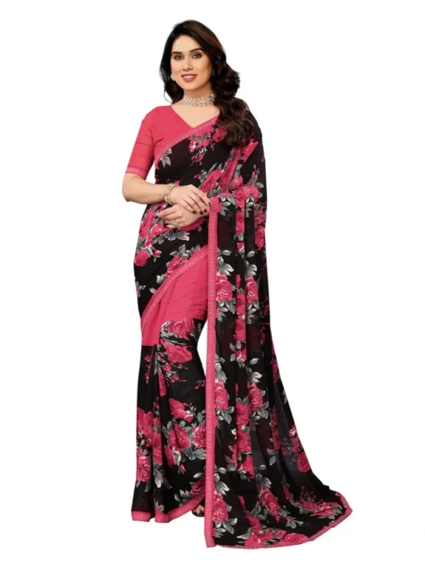 Women's Georgette Printed Saree With Unstitched Blouse 5.5Mtr (Pink)