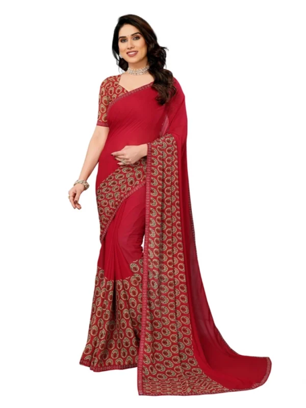 Women's Georgette Printed Saree With Unstitched Blouse 5.5Mtr (Red)