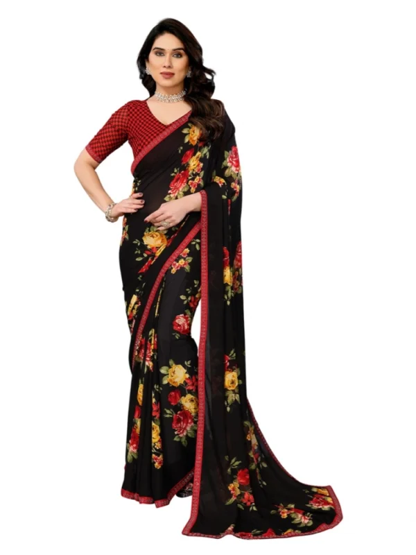 Women's Georgette Printed Saree With Unstitched Blouse 5.5Mtr (Black)
