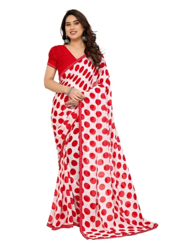 Women's Georgette Printed Saree With Unstitched Blouse 5.5Mtr (Red-White)