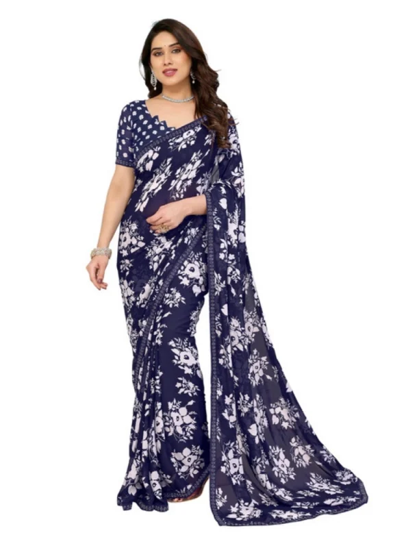 Women's Georgette Printed Saree With Unstitched Blouse 5.5Mtr (Navy Blue)