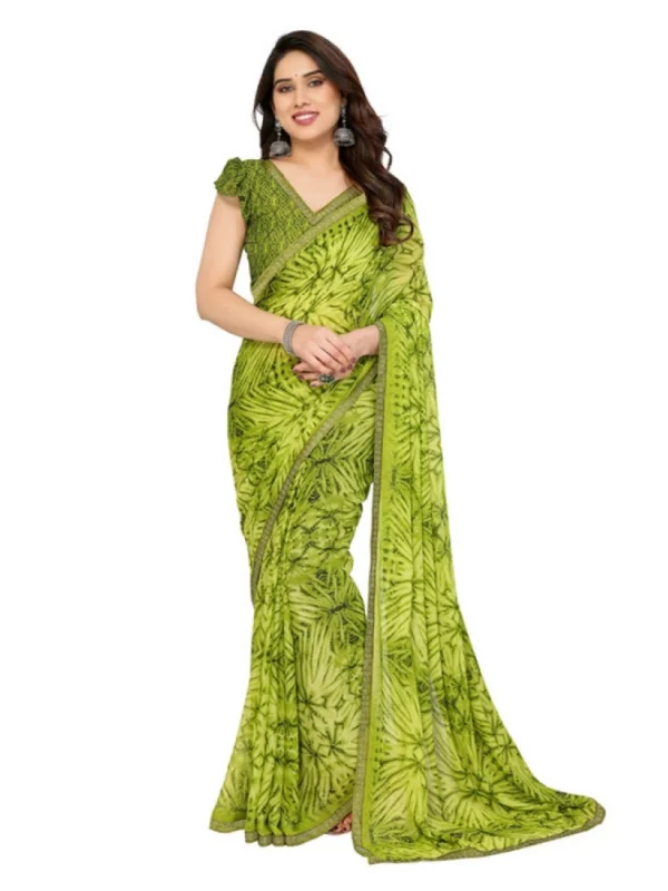 Women's Georgette Printed Saree With Unstitched Blouse 5.5Mtr (Mehendi Green)