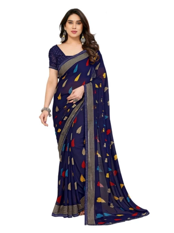 Women's Georgette Printed Saree With Unstitched Blouse 5.5Mtr (Navy Blue)