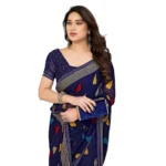Women's Georgette Printed Saree With Unstitched Blouse 5.5Mtr (Navy Blue) - Image 2