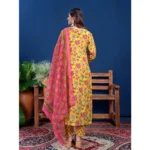 Women's Cotton Blend Printed Kurti With Pant Dupatta Set (Yellow) - Image 4