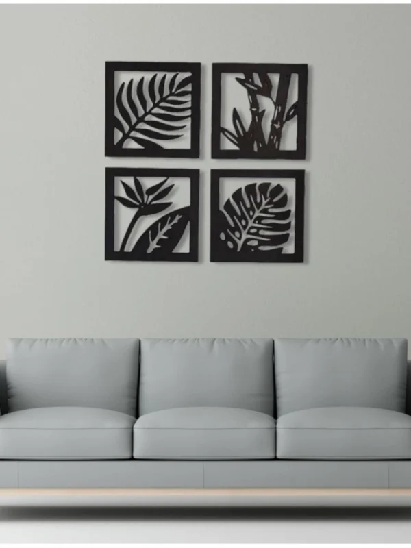 7 Decore Wooden 4 Pieces Square Tree Leaf Wall Art Panel Frame – Black (Big Size)