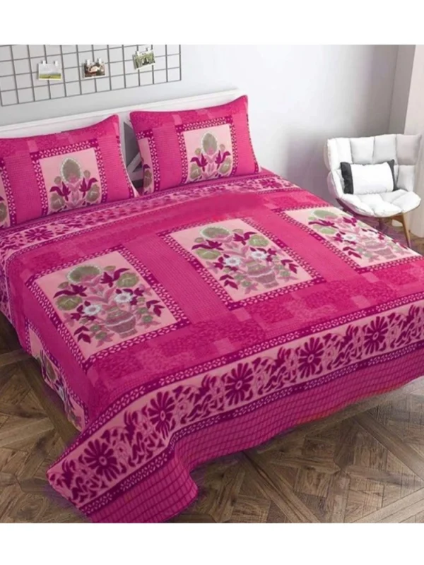 Fleece Floral Printed Double Polar Warm Bedsheet with 2 Pillow Cover (Pink)