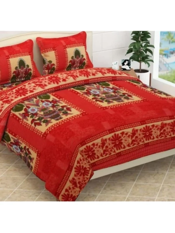 Fleece Floral Printed Double Polar Warm Bedsheet with 2 Pillow Cover (Red)