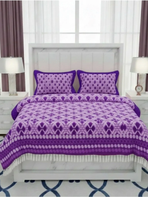 Fleece Geometric Double Polar Warm Bedsheet with 2 Pillow Cover (Purple)