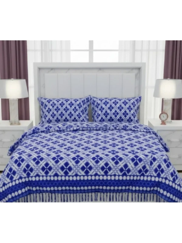 Fleece Geometric Double Polar Warm Bedsheet with 2 Pillow Cover (Blue)
