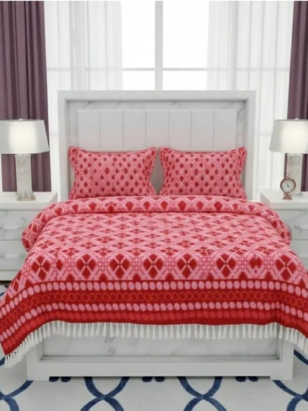 Fleece Geometric Double Polar Warm Bedsheet with 2 Pillow Cover (Red)