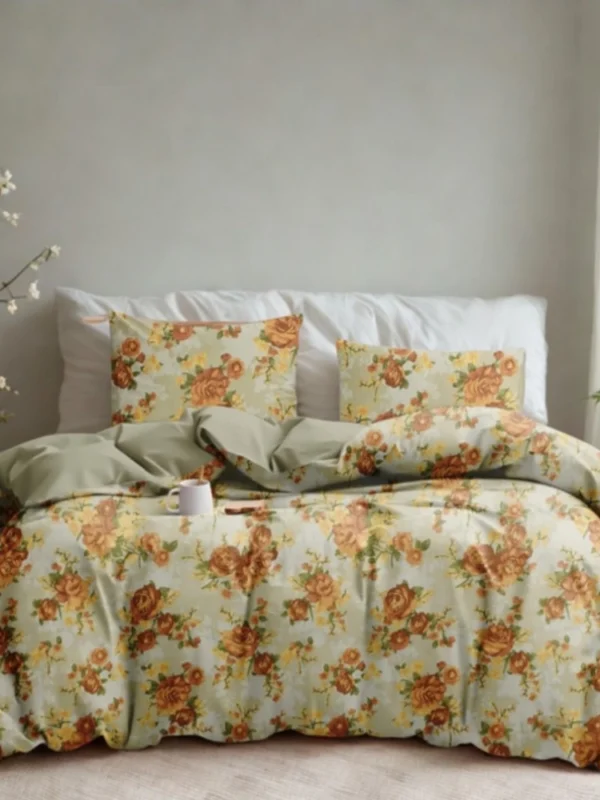 Microfiber Floral Printed Double Bedsheet with 2 Pillow Covers (Beige)