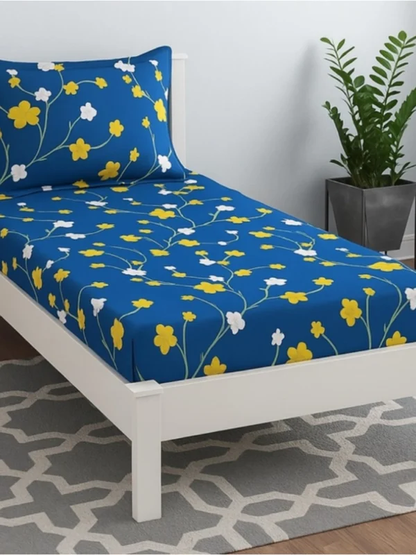 Microfiber Floral Printed Single Bedsheet with 1 Pillow Cover (Blue)