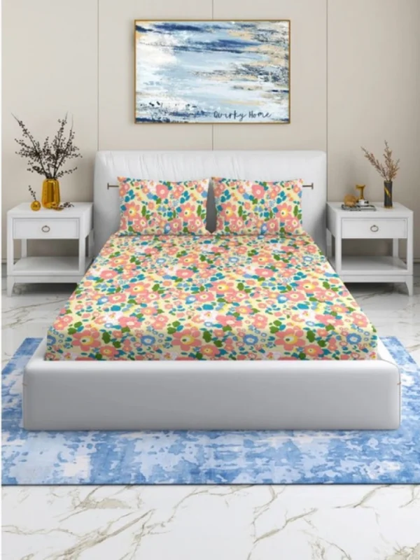 Cotton Blend Floral Printed Double Bedsheet with 2 Pillow Covers (Yellow)