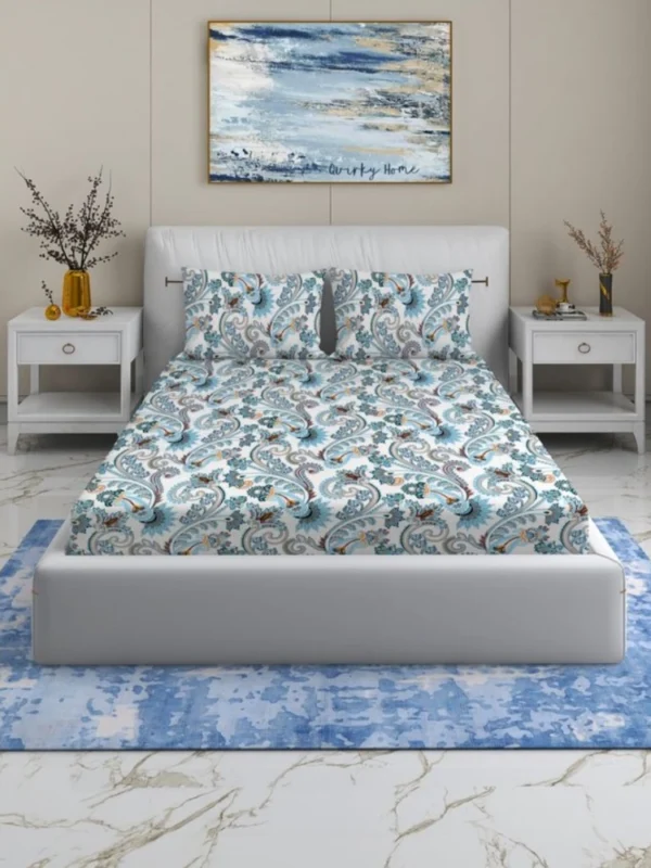 Cotton Blend Floral Printed Double Bedsheet with 2 Pillow Covers (White)