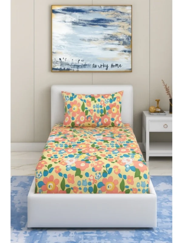 Cotton Blend Floral Printed Single Bedsheet with 1 Pillow Cover (Yellow)