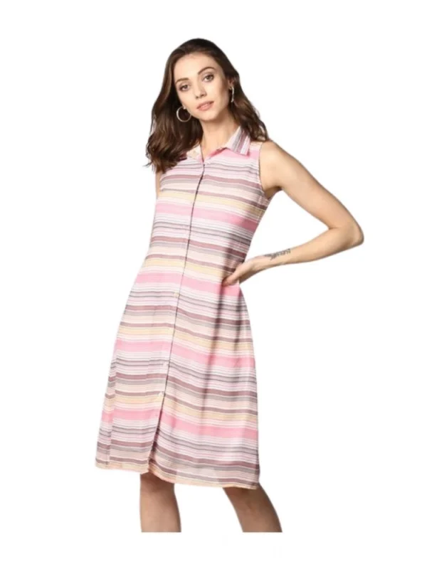 Women's Polyester Striped Sleeveless Dress (Pink)