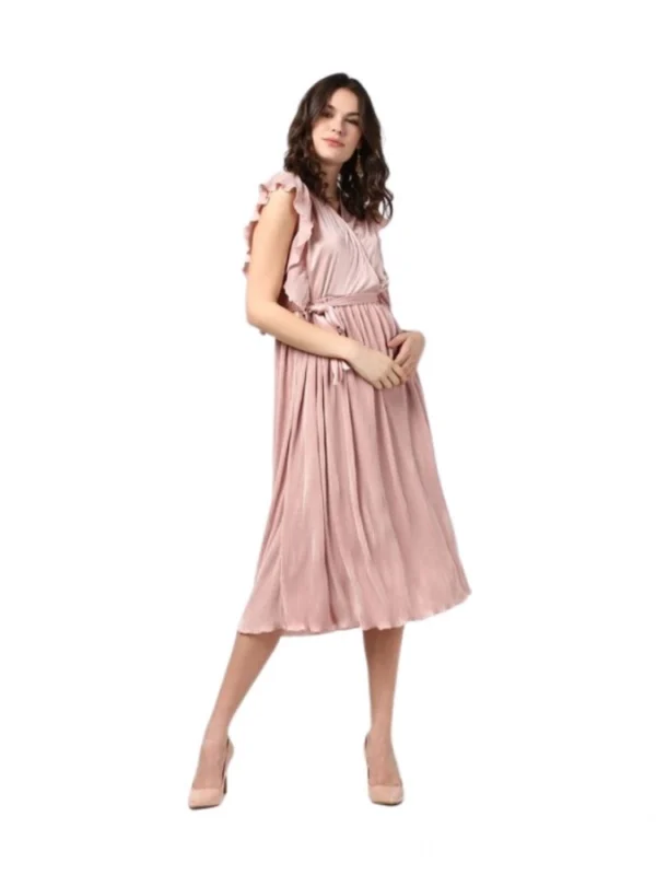 Women's Polyester Pleated Flutter Dress (Champagne Gold)