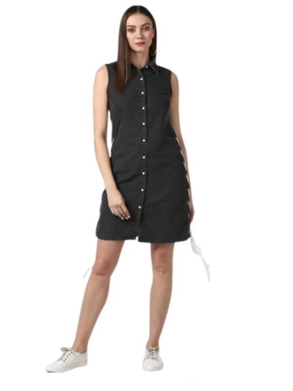 Women's Denim Solid Sleeveless Dress (Black)