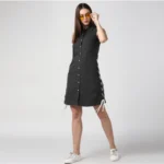 Women's Denim Solid Sleeveless Dress (Black) - Image 4