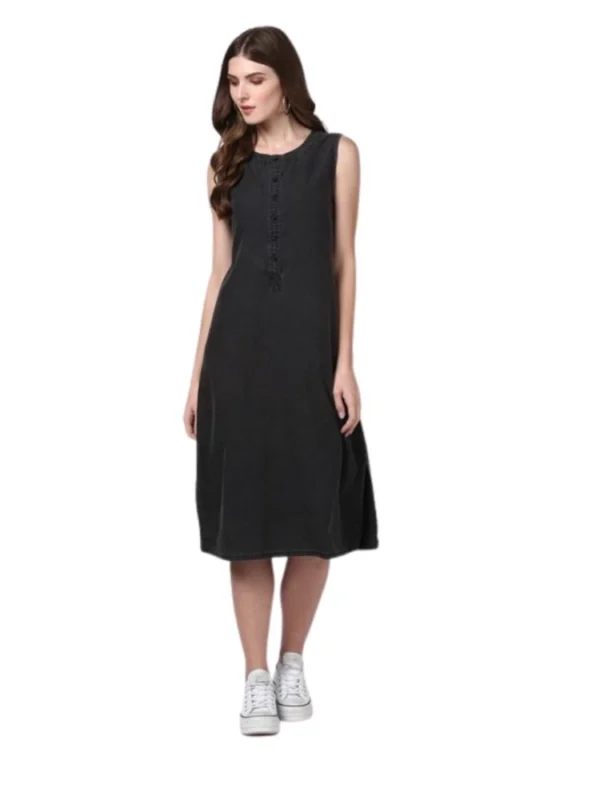 Women's Denim Solid Sleeveless Dress (Black)