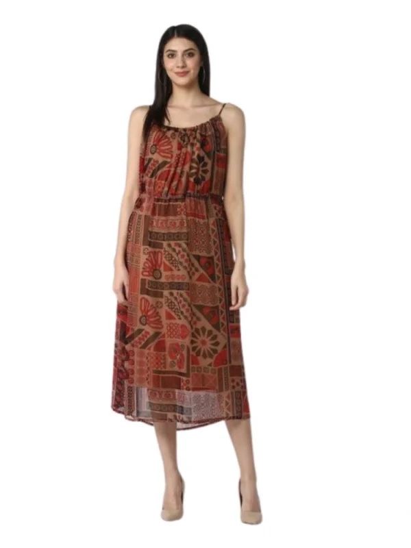 Women's Polyester Printed Shoulder Straps Dress (Maroon - Brown)