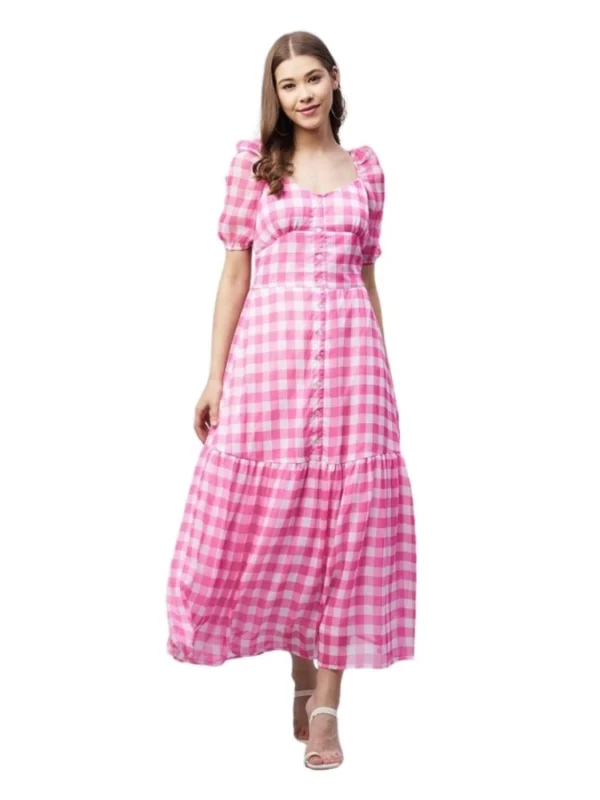 Women's Polyester Georgette Checkered Half Sleeve Dress (Pink)