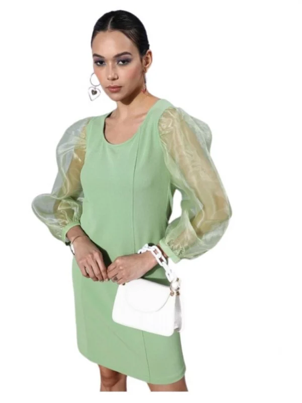 Women's Organza And Polyester Lycra Solid Long Sleeves Dress (Green)