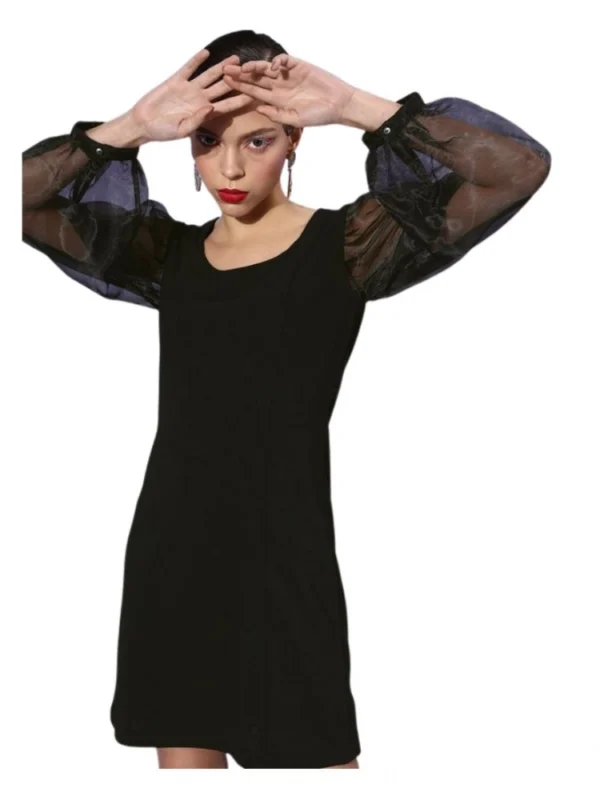 Women's Organza And Polyester Lycra Solid Long Sleeves Dress (Black)