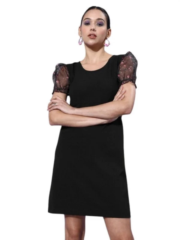 Women's Organza And Polyester Lycra Floral Short Sleeve Dress (Black)