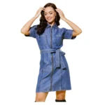 Women's Denim Solid Half Sleeve Dress (Blue)