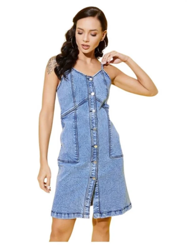 Women's Denim Solid Sleeveless Dress (Blue)