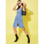 Women's Denim Solid Sleeveless Dress (Blue) - Image 4