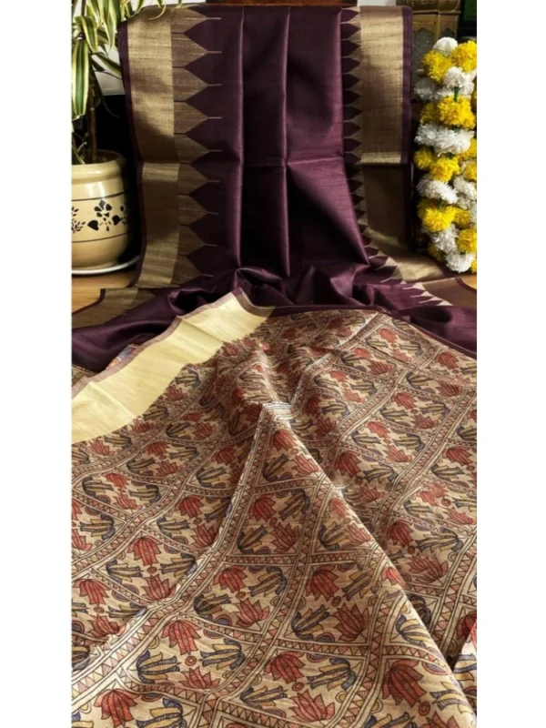 Women's Tussar Silk Madhubani Saree With Unstitched Blouse 5.5Mtr (Coffee)