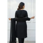 Women's Georgette Ethnic Motif Round 3/4th Sleeve Kurti With Pant Dupatta Set (Black) - Image 2
