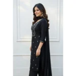 Women's Georgette Ethnic Motif Round 3/4th Sleeve Kurti With Pant Dupatta Set (Black) - Image 3