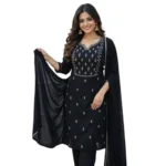 Women's Georgette Ethnic Motif Round 3/4th Sleeve Kurti With Pant Dupatta Set (Black) - Image 5