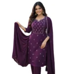 Women's Georgette Ethnic Motif Round 3/4th Sleeve Kurti With Pant Dupatta Set (Magenta) - Image 3