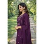 Women's Georgette Ethnic Motif Round 3/4th Sleeve Kurti With Pant Dupatta Set (Magenta) - Image 4