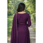 Women's Georgette Ethnic Motif Round 3/4th Sleeve Kurti With Pant Dupatta Set (Magenta) - Image 5