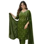 Women's Georgette Ethnic Motif Round 3/4th Sleeve Kurti With Pant Dupatta Set (Mahendi) - Image 2