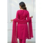 Women's Georgette Ethnic Motif Round 3/4th Sleeve Kurti With Pant Dupatta Set (Pink) - Image 3