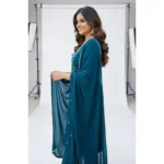 Women's Georgette Ethnic Motif Round 3/4th Sleeve Kurti With Pant Dupatta Set (Teal) - Image 4