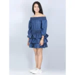 Girl's Denim Solid Off Shoulder Dress (Blue) - Image 3