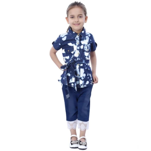 Girl's Denim Tie & Dye Short Sleeve Top (Blue-White)
