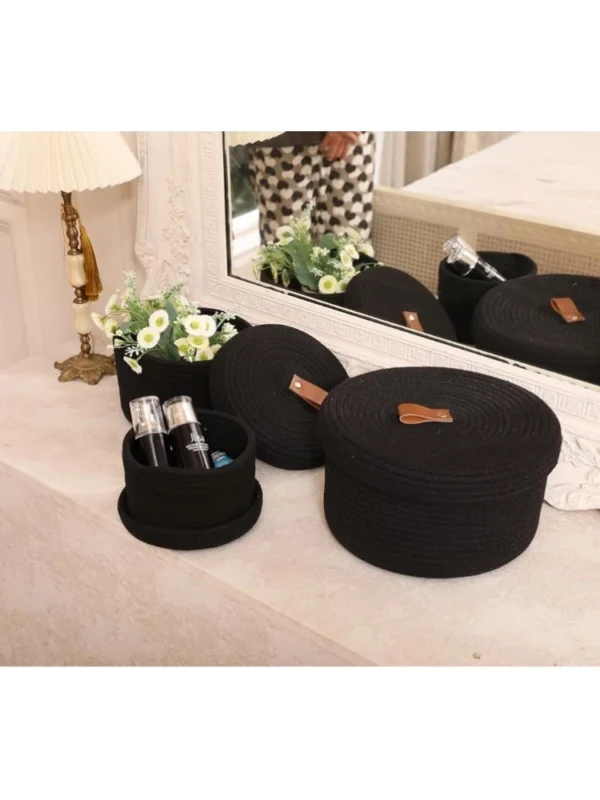 Cotton 3 Pcs Set Roti Box Storage Basket With Lid (Black)