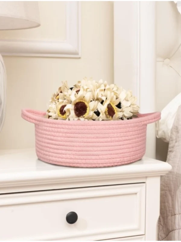 Cotton 8x3 Inch Round Bedside Organizer With Out Lid (Pink)