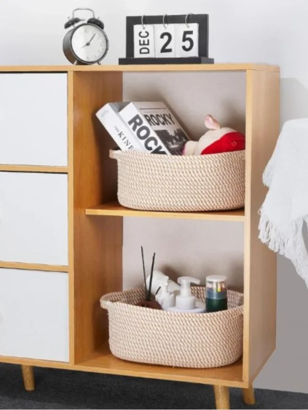 Cotton 2 Pcs 10x7x4 Inch Oval Storage Basket For Clothes (Beige)